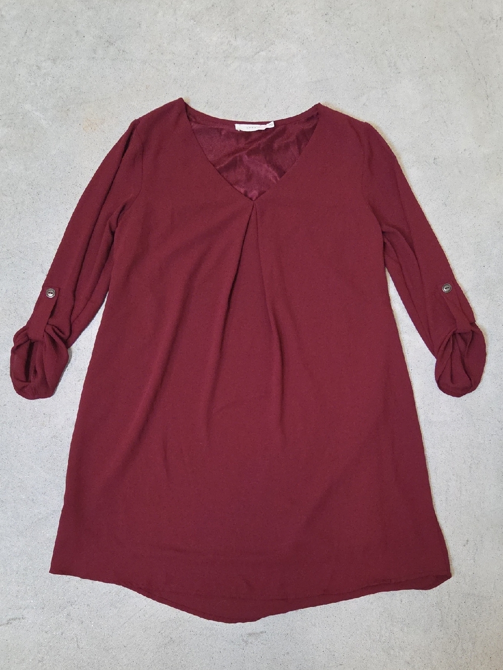 LUSH Burgundy V-Neck Tunic Dress with Roll-Tab Sleeves Size Small